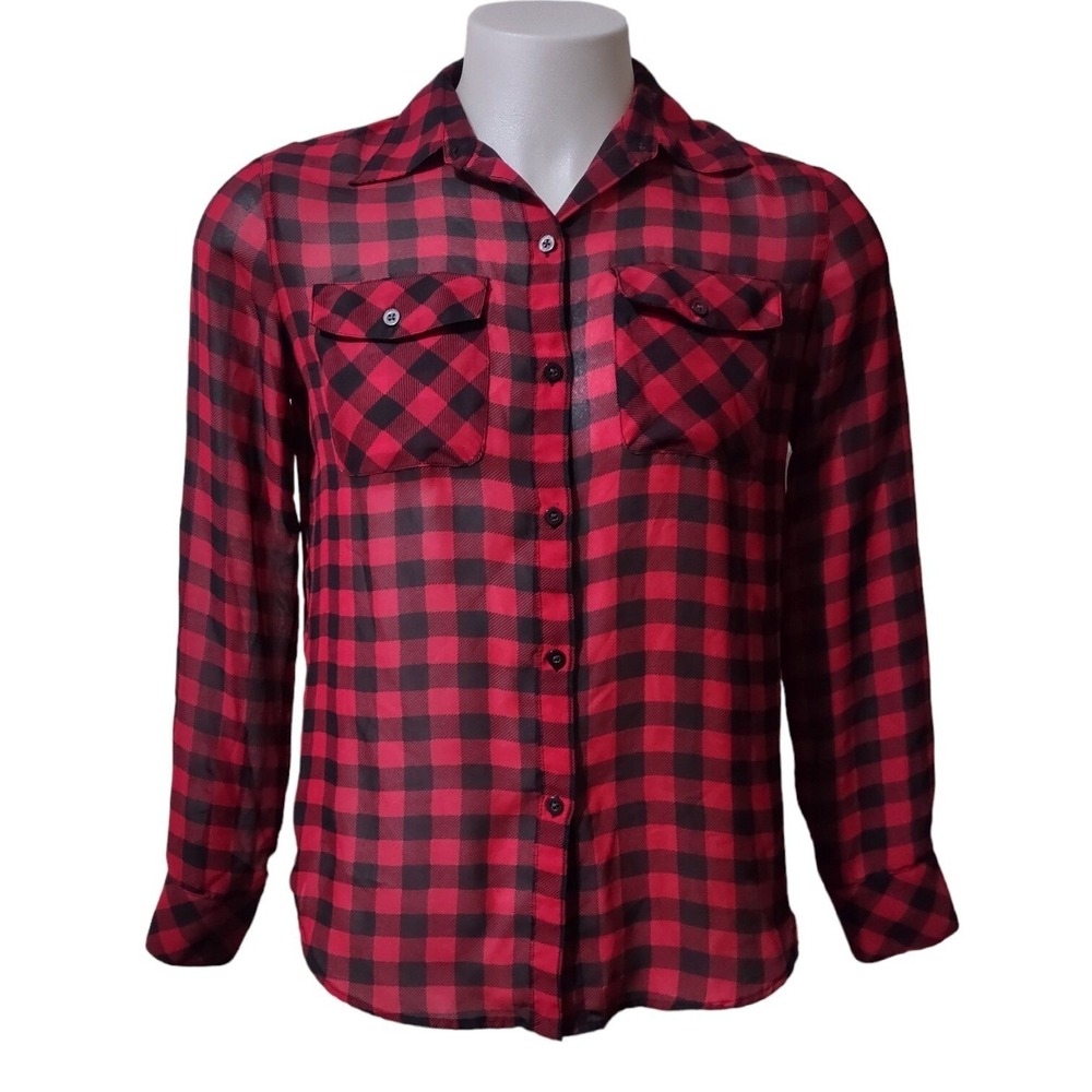 Chaps Plaid Shirt M Womens Grunge Goth Core Red Black Buffalo Check Sheer Top